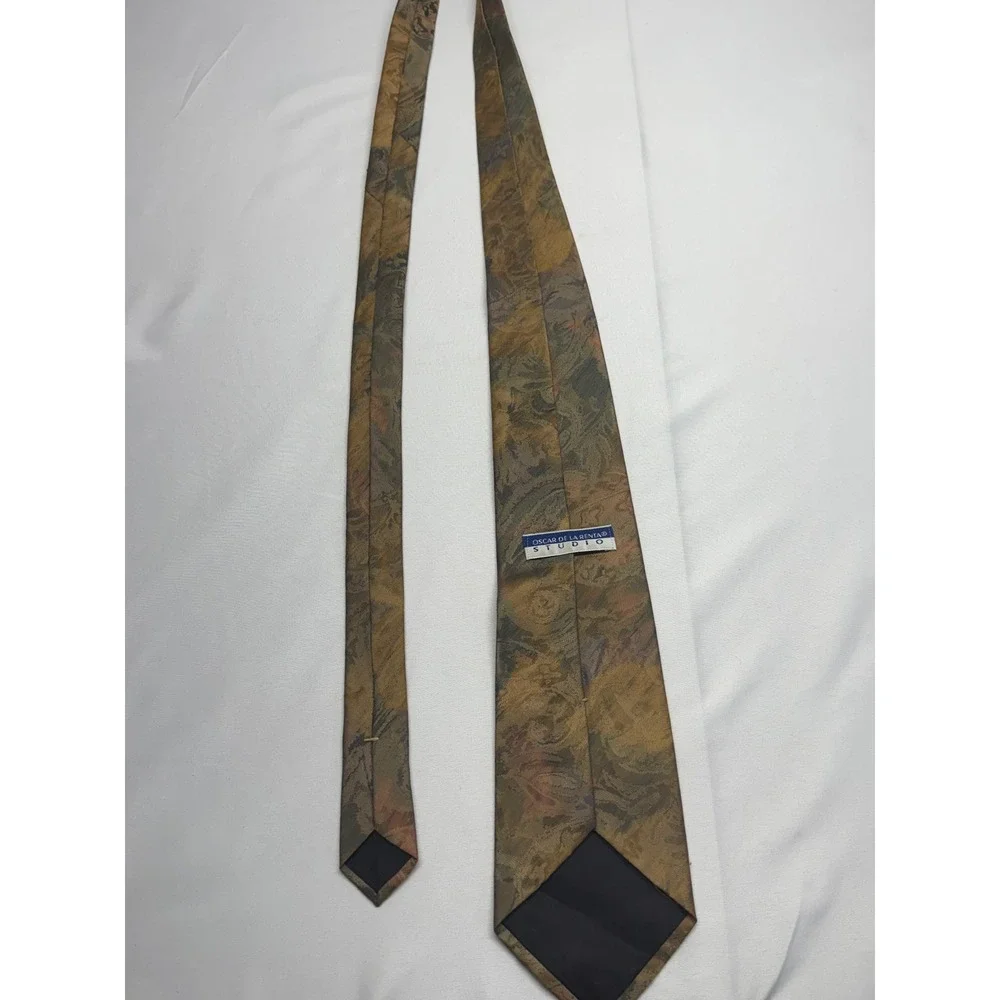Oscar de la Renta Studio Silk‎ Tie Abstract Paisley Floral Gold Olive Brown USA